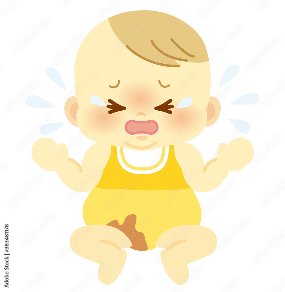 ベビー服のうんこ染みが不快感のある泣き顔の赤ちゃん＿ベビー全身イラスト70