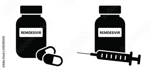 Remdesivir covid-19 liquid medication. Concept of tablet or hypodermic needle for new experimental antiviral drug. Possible cure medication for treatment coronavirus. Antiviral Drug. Vector sign.