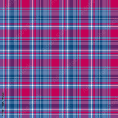 Seamless pattern in blue, bright pink and white colors for plaid, fabric, textile, clothes, tablecloth and other things. Vector image.