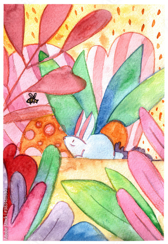 Rabbit in the woods. Cartoon style. Colorful illustration. Watercolor painting on paper. Original artwork. Wall art. Stationery sticker. © Place of Arts