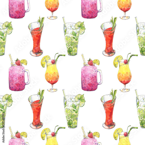Bright cocktails watercolor seamless pattern with Blood Mary, Mojito, smoothies hand drawn in sketch style. Popular alcoholic and non-alcoholic drinks for background, wallpaper, textile design.
