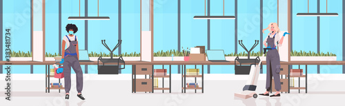professional cleaners team mix race janitors with cleaning equipment working together office interior full length horizontal vector illustration