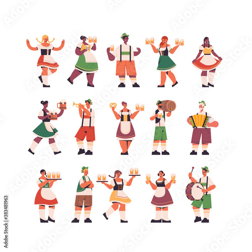 set mix race waiters holding beer mugs Oktoberfest party celebration concept happy people in german traditional clothes having fun full length isolated vector illustration © mast3r