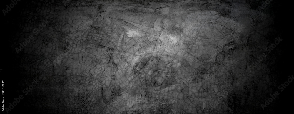 Old wall texture cement dark black gray panorama background abstract grey color design are light with white gradient background.