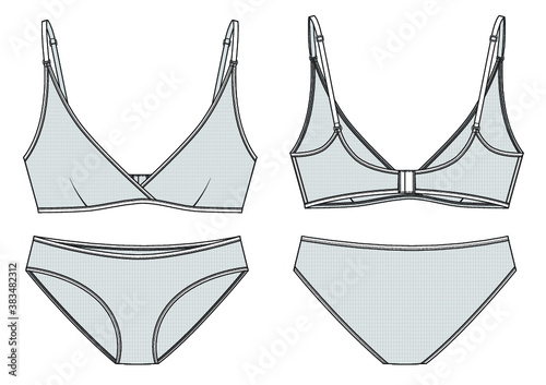 Mesh Underwear set technical illustration. Editable bralette and mini panty flat fashion sketch