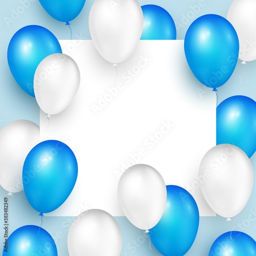 Realistic vector empty design template with blue and white flying helium glossy balloons.  Illustration for greeting card or sale banner.