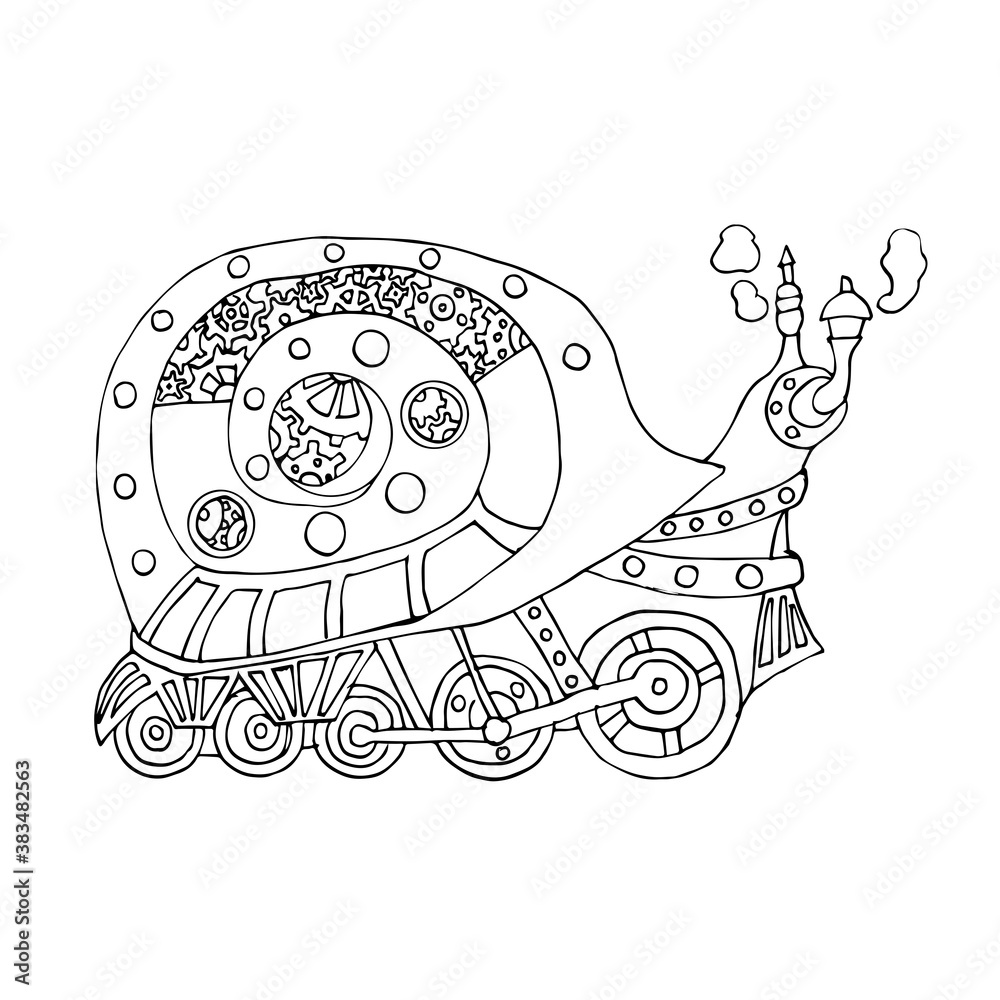 Steampunk style snail. Mechanical animal. Coloring book for adult and ...