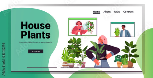 woman taking care of houseplants housewife discussing with mix race friends in web browser windows during video call portrait copy space horizontal vector illustration