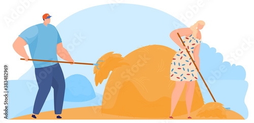 Haymaking in a mound, farmers. Vector illustration