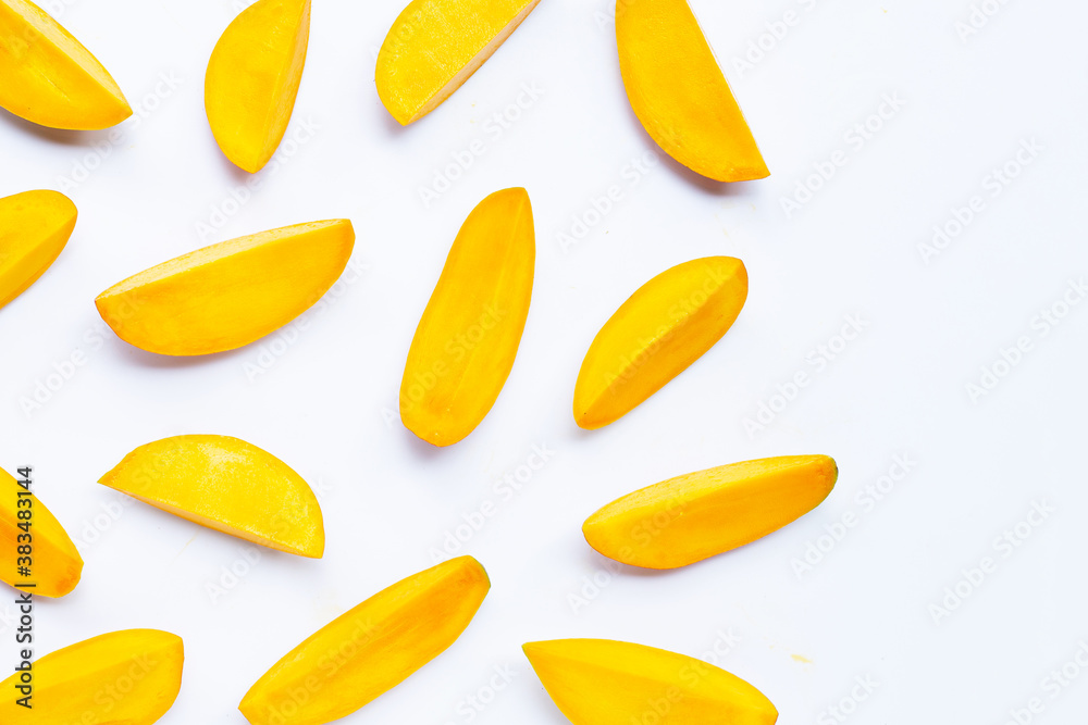 Tropical fruit, Mango slices on white background. Tropical fruit, Mango slices on white background.