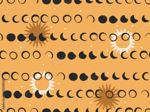 Hand drawn vector abstract flat stock graphic icon illustrations seamless pattern with celestial moon phases,sun and stars, mystic and simple collage shapes isolated on color background