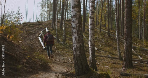 A young man walks uphill from the forest in autumn in slow motion with a backpack. A hipster man in a plaid jacket walks through a beautiful woodland area in an autumn Park