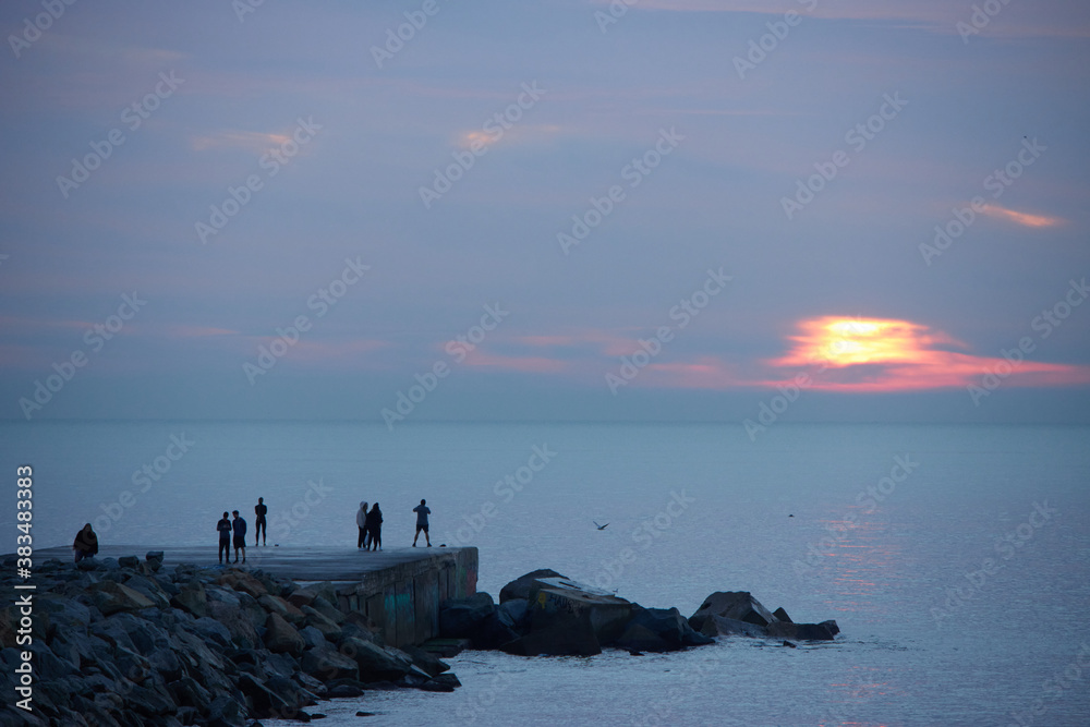 Barceloneta beach at sunrise in Barcelona, Spain