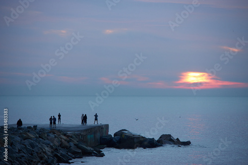 Obraz na płótnie Barceloneta beach at sunrise in Barcelona, Spain w salonie