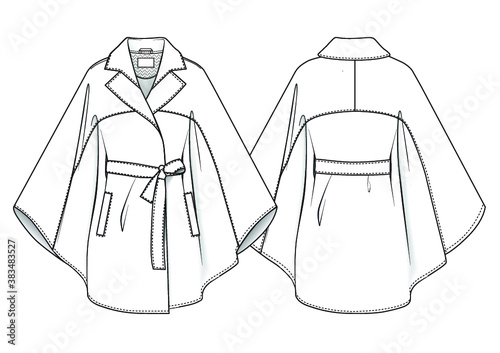 Kimono Wool Coat technical illustration. Editable outwear flat fashion sketch