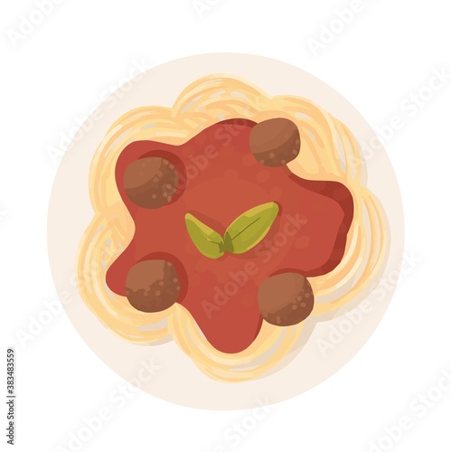 Simple minimal spaghetti bolognese plate top view with tomato sauce and meatball with a basil leaf food illustration vector design icon element isolated on a white background