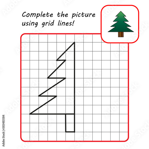Educational game for kids. Simple exercise. Fir tree drawing using grid. Vector illustration.