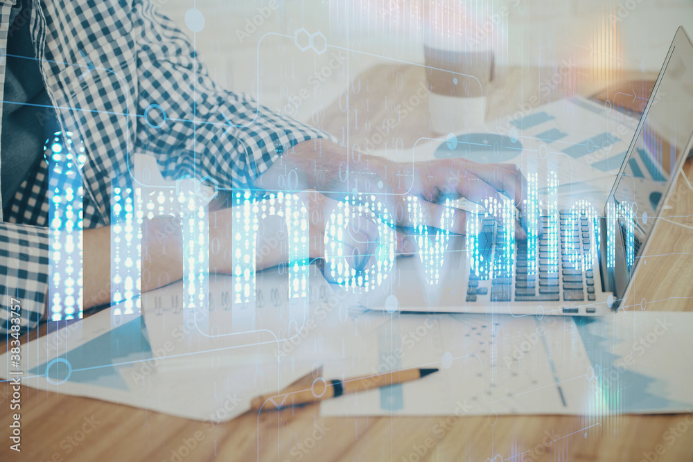 Businessman working on Laptop with technology theme drawing. Concept of big data. Double exposure.