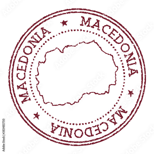 Macedonia round rubber stamp with country map. Vintage red passport stamp with circular text and stars, vector illustration.