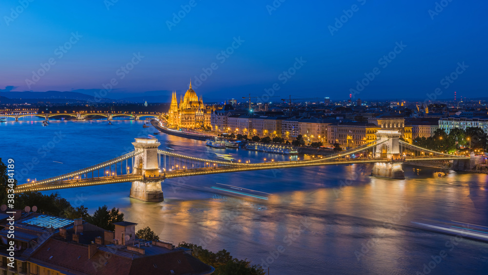 Beautiful panoramic view of Budapest cityscape with the Chain Bridge and the Hungarian Parliament at night