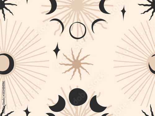 Hand drawn vector abstract flat stock graphic icon illustrations seamless pattern with celestial moon phases,sun and stars, mystic and simple collage shapes isolated on color background