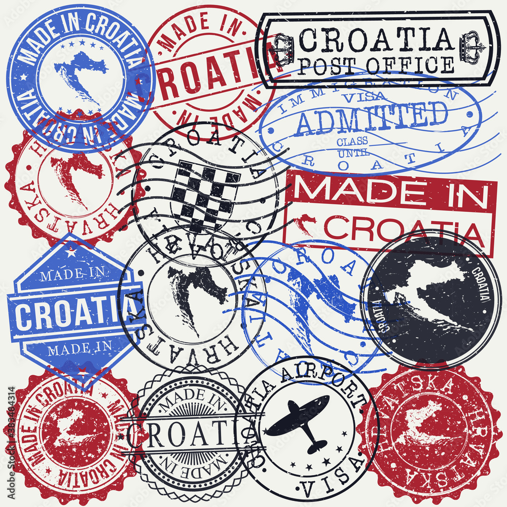 Croatia Set of Stamps. Travel Passport Stamp. Made In Product. Design Seals Old Style Insignia. Icon Clip Art Vector.