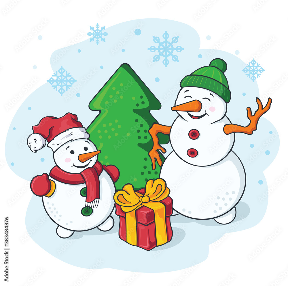 New year's illustration cartoon snowmen with a gift New year's illustration cartoon snowmen with a gift