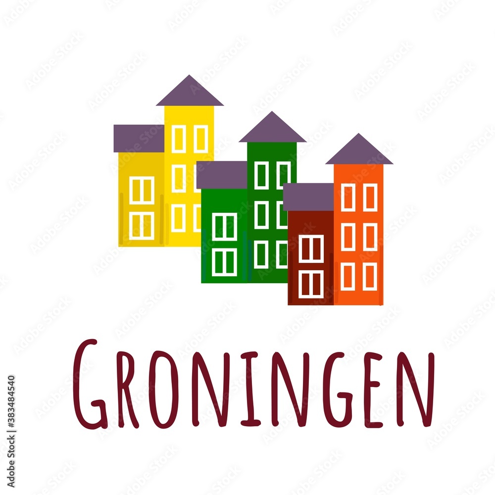 Groningen houses near with Marina. Colored small buildings with lettering with the name of city. Cartoon vector illustration.