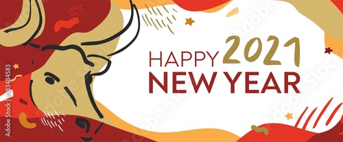 Banner with symbol of the 2021 new year. Bull drawn with a black line on the background of abstract red shapes, lines, confetti. Poster template, greeting card, party invitation. Vector illustration