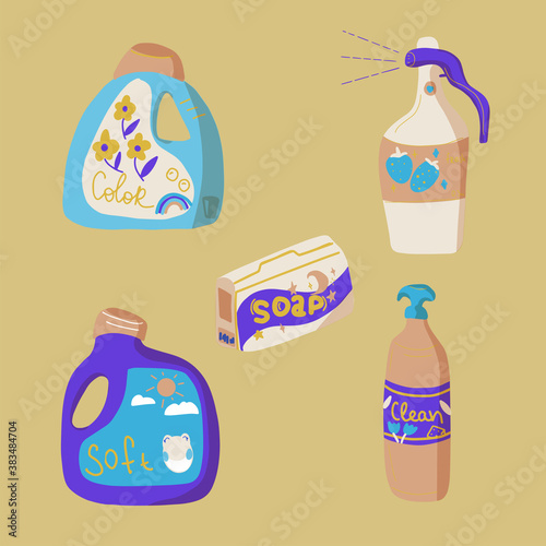 Laundry and cleaning bottle and box, soap, soften and spray for clean