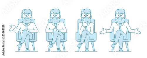 A man consultant or psychotherapist is sitting in a chair. Several variants. Listens attentively and gives advice or advice. Illustration in line art style. Vector