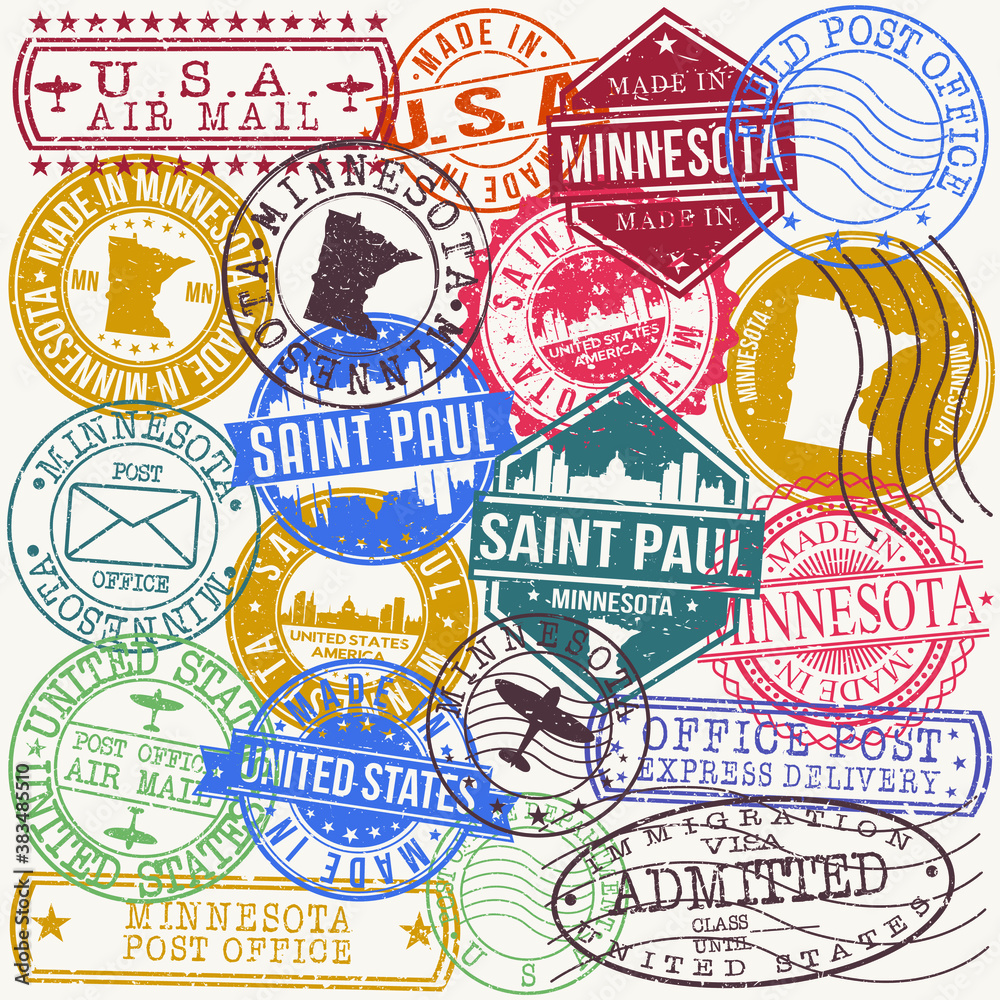 Saint Paul Minnesota Set of Stamps. Travel Stamp. Made In Product. Design Seals Old Style Insignia.