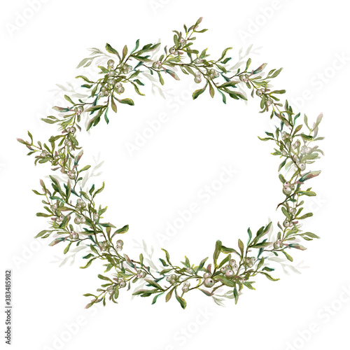 Watercolor mistletoe wreath isolated on white background. Traditional vintage Christmas laurel of evergreen winter plants and berries. Great for greeting cards and holiday decoration.