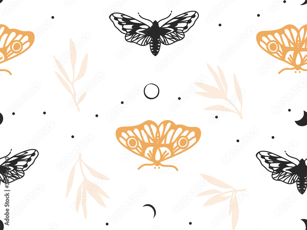 Hand drawn vector abstract flat stock graphic icon illustration sketch seamless pattern with celestial moon,moth and flowers, mystic and simple collage shapes isolated on color background