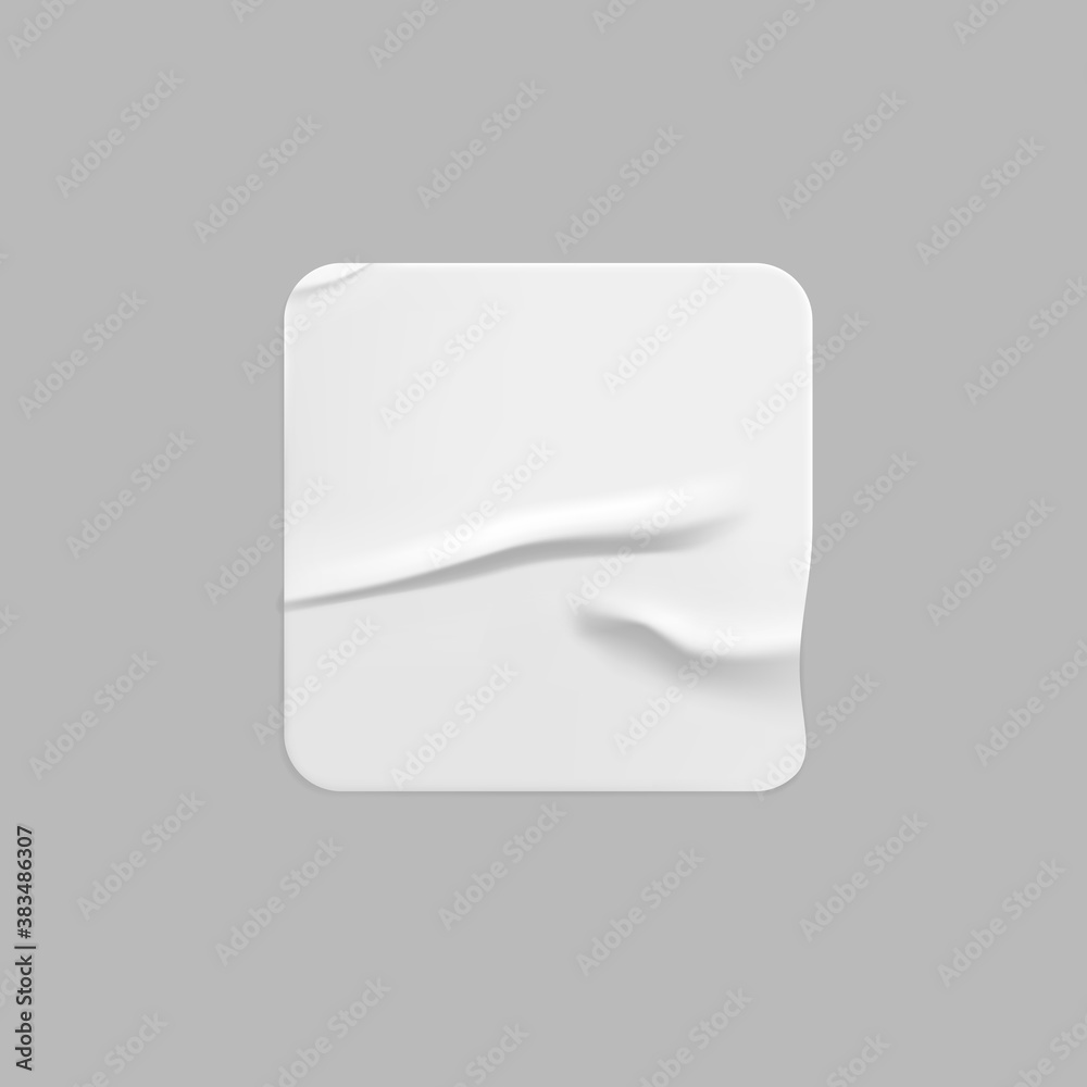 White square glued sticker mock up. Blank white adhesive square paper or plastic sticker label with wrinkled, crumpled effect. Blank template label tags. 3d realistic vector White square glued sticker mock up. Blank white adhesive square paper or plastic sticker label with wrinkled, crumpled effect. Blank template label tags. 3d realistic vector