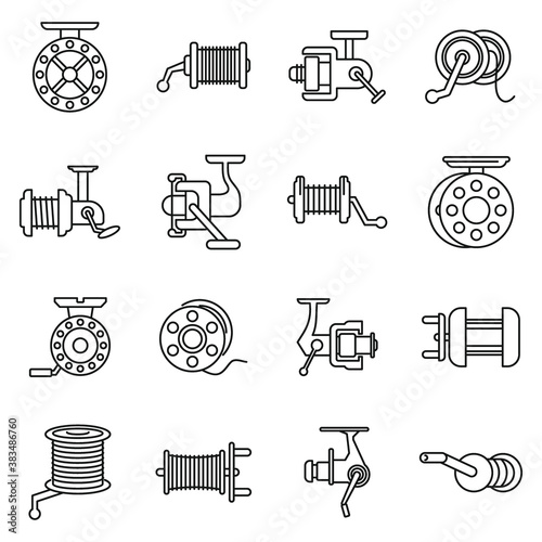 Sport fishing reel icons set. Outline set of sport fishing reel vector icons for web design isolated on white background