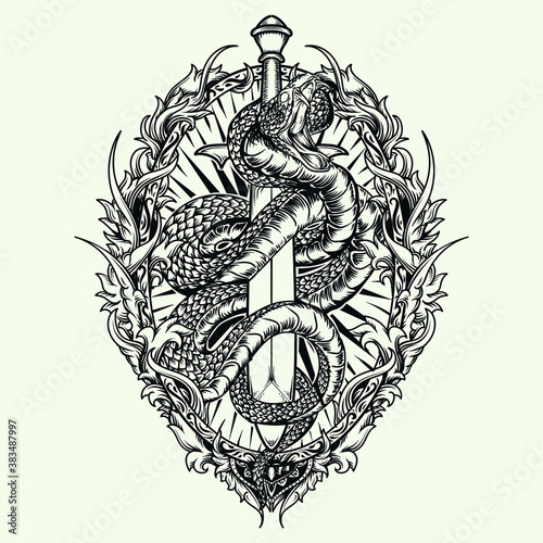 tattoo and t-shirt design black and white hand drawn snake and sword engraving ornament premium vector