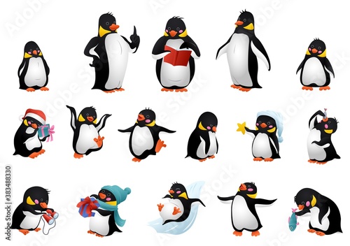 Penguin icons set. Cartoon set of penguin vector icons for web design