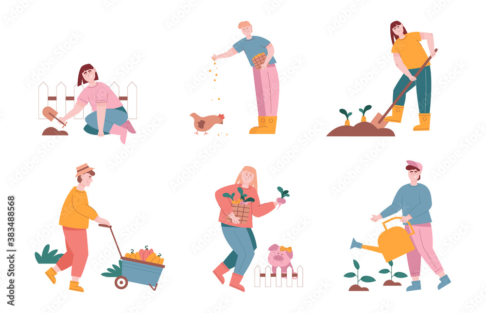 Man and woman characters harvesting and planting vegetables in farm graden. Vector illustration set of farmer people work in agriculture farm field. Feeding animals, seeding plants, harvest.