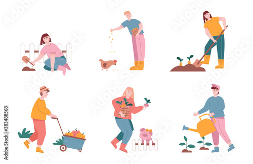 Man and woman characters harvesting and planting vegetables in farm graden. Vector illustration set of farmer people work in agriculture farm field. Feeding animals  seeding plants  harvest.