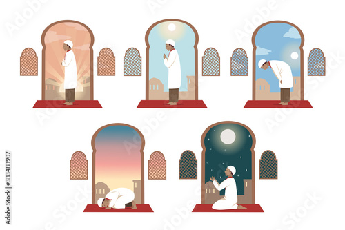 Islam  prayer  celebration  religion set concept. Collection of young religious man muslim arabic cartoon character praying day and night at home or in mosque. Islamic traditional Ramadan celebration.