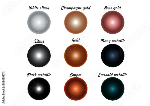 Metallic foil shiny illustrator radial gradient swatches. Gold, silver, copper, white, black, navy, emerald, rose gold, champagne gold