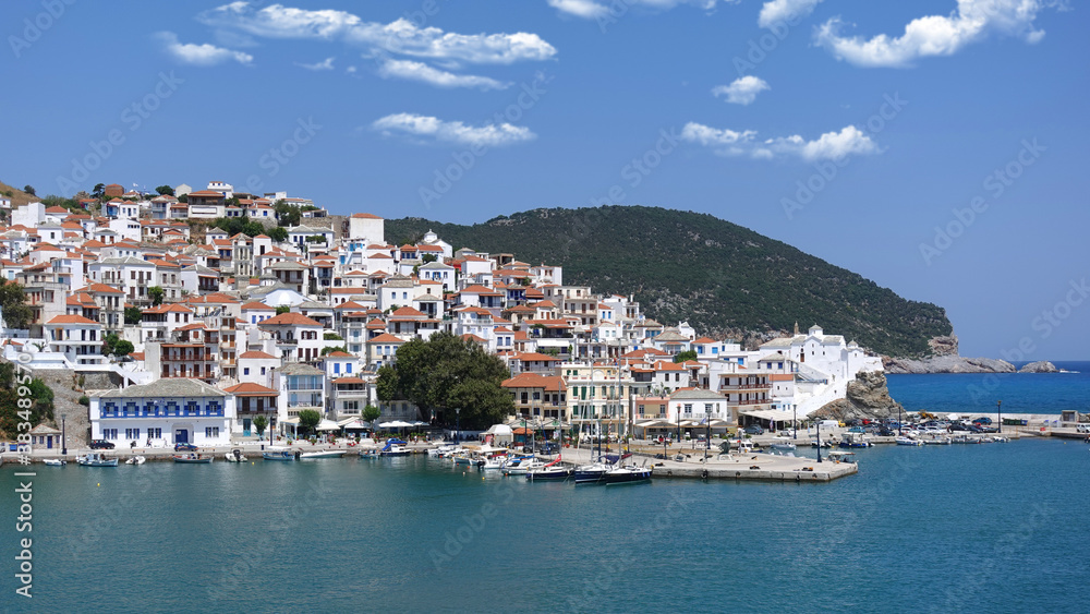 Picturesque main town and port of Skopelos island, Sporades, Greece