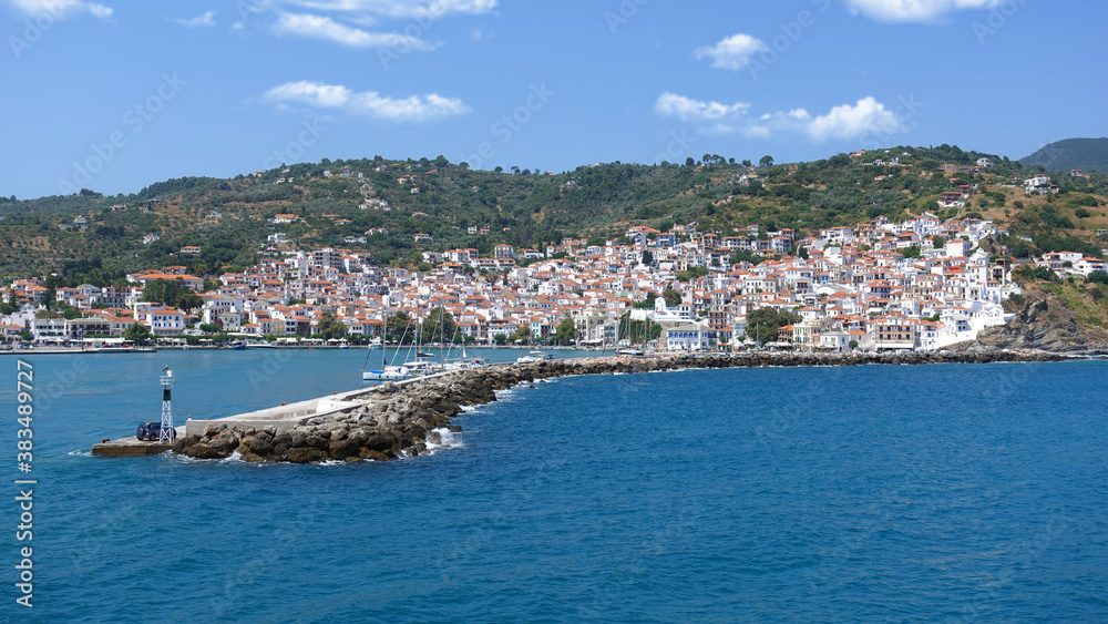 Picturesque main town and port of Skopelos island, Sporades, Greece