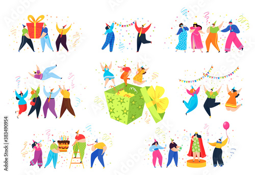 People on birthday party vector illustrations. Cartoon flat happy tiny characters celebrating anniversary day, dancing and giving surprise gift cake, fun birthdate celebration event isolated on white