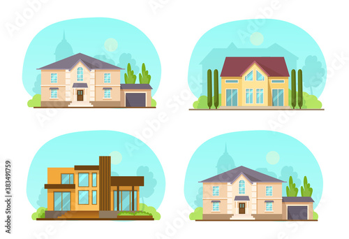 Set colorful country town houses with roof, suburban cottages, guest house, mansion, townhouse, house brick, buildings. Facade apartment house. Real Estate vector illustration