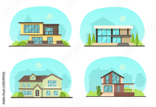 Set colorful country town houses with roof, suburban cottages, guest house, mansion, townhouse, house brick, buildings. Facade apartment house. Real Estate vector illustration