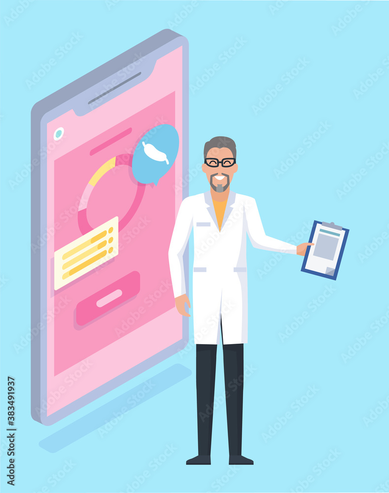 Consultation with doctor using remote communication concept, medical application on phone. Man medic with assignment sheet talking to patient. Mobile phone screen with app for online conversation