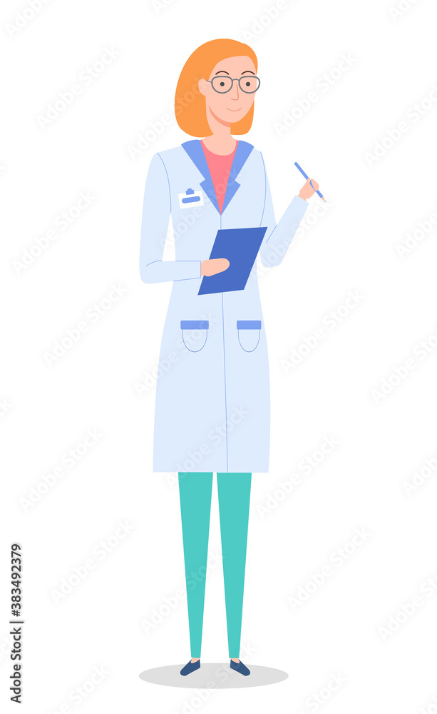 Woman doctor holding a clip board isolated on white. Female character wearing medical clothes goes to meet the patient in clinic. Medical worker in a doctor s suit with an appointment sheet in hands Woman doctor holding a clip board isolated on white. Female character wearing medical clothes goes to meet the patient in clinic. Medical worker in a doctor s suit with an appointment sheet in hands