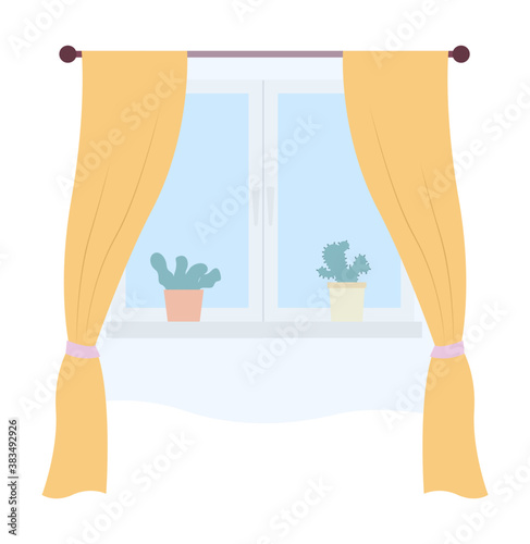 Illustration of living room window with yellow curtains and potted plants on the windowsill vector illustration. Inside view of the interior apartment with daylight , curtains hang on a cornice